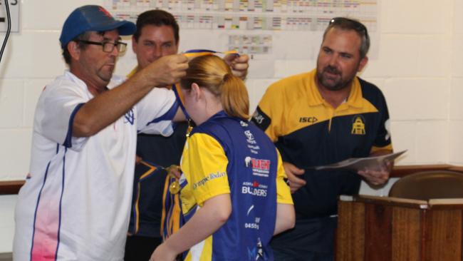 Derek Durie presents Medal to Emily Shepperson. Picture: Supplied