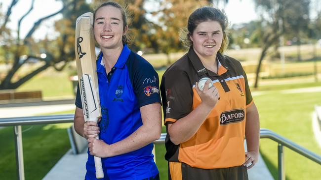 Sturt’s Brooke Harris, left, won the Karen Rolton Medal on Wednesday night. Picture: APP/ Roy VanDerVegt