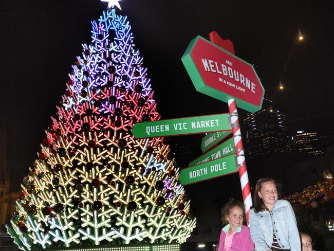 Check out the 16 metre tall illuminated LED Christmas tree at Fed Square. Picture: Tony Gough