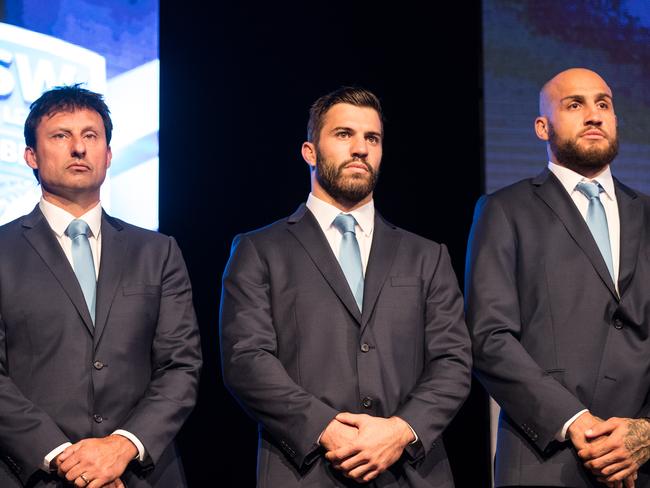 NSW Blues coach Laurie Daley, James Tedesco and Blake Ferguson at the team announcement on Monday. Picture: Getty Images