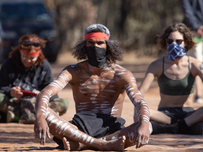 Wangan and Jagalingou tribal people block access to the Adani Carmichael Coal Mine on Monday, August 24, 2020.