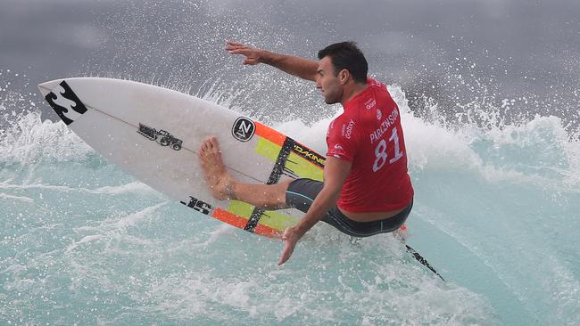 Joel Parkinson of Australia battles out against Caio Ibelli of Brazil during the Quicksilver Pro World Surfing League event at Snapper Rock, Gold Coast. Picture: Regi Varghese