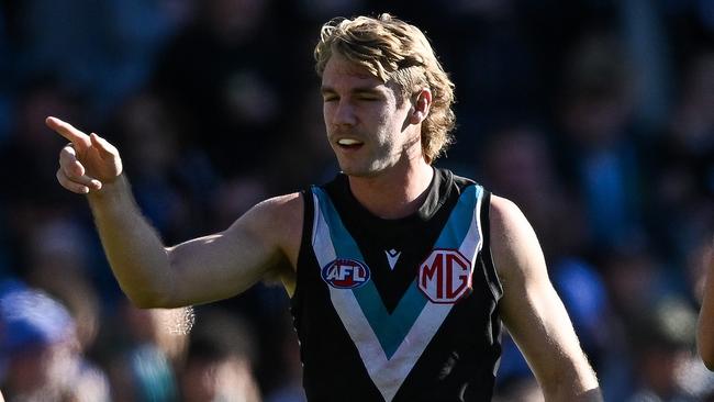 ADELAIDE, AUSTRALIA – JULY 06: Jason Horne-Francis of the Power celebrates a goal during the round 17 AFL match between Port Adelaide Power and Western Bulldogs at Adelaide Oval, on July 06, 2024, in Adelaide, Australia. (Photo by Mark Brake/Getty Images)