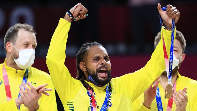 Patty Mills celebrates winning the bronze medal playoff Basketball game against Slovenia during the Tokyo 2020 Olympics. Picture: Adam Head