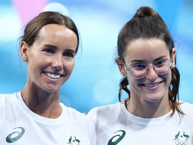 PARIS, FRANCE - JULY 24: Moesha Johnson, Emma McKeon, Kaylee McKeown and Lani Pallister of Team Australia pose for a photograph during a Swimming training session ahead of the Paris 2024 Olympic Games at Paris La Defense Arena on July 24, 2024 in Paris, France. (Photo by Quinn Rooney/Getty Images)