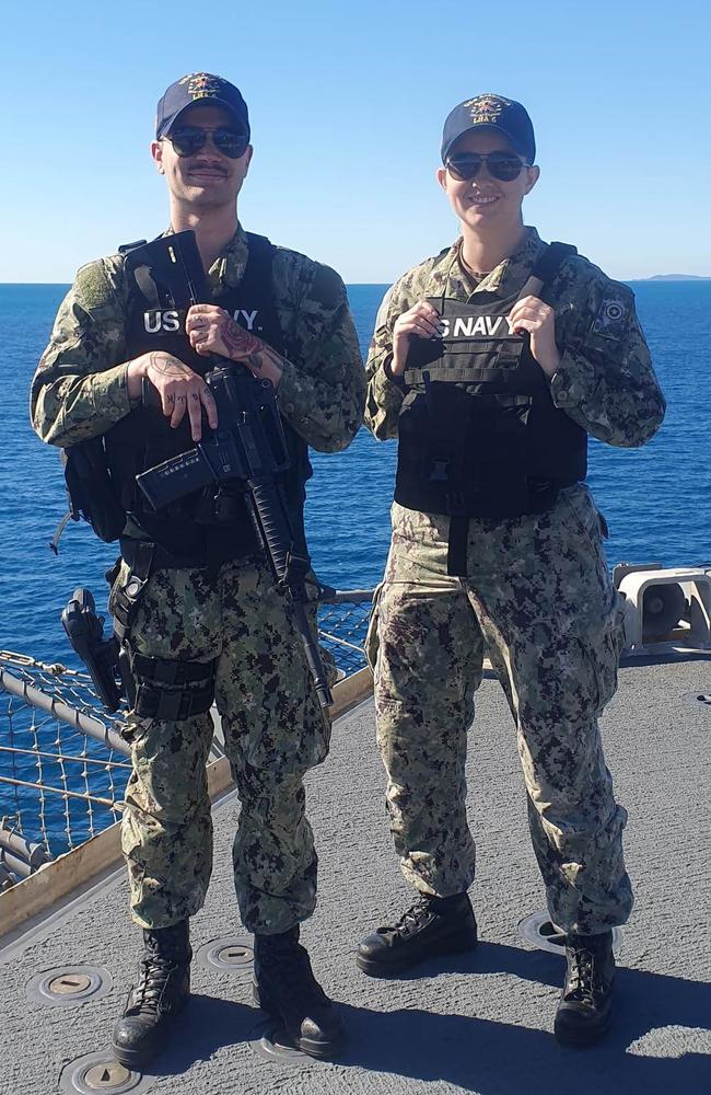 US Navy Aviation Ordnanceman third class Nathan Morris and Logistics Specialist Second Class Rebecca Walters. LS2 Walters was on the USS America and AO3 Morris was on the USS Ronald Reagan during Exercise Talisman Sabre 2021. Neither got to visit Australia during that deployment due to Australia's then-ongoing Covid-19 pandemic restrictions. Picture: Jodie Munro O'Brien