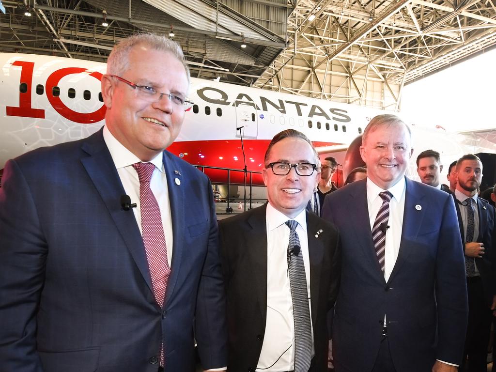 Then prime minister Scott Morrison, then Qantas CEO Alan Joyce and then opposition leader Anthony Albanese during the Qantas Centenary Launch at Qantas Sydney Jet Base in 2019. Picture: AAP