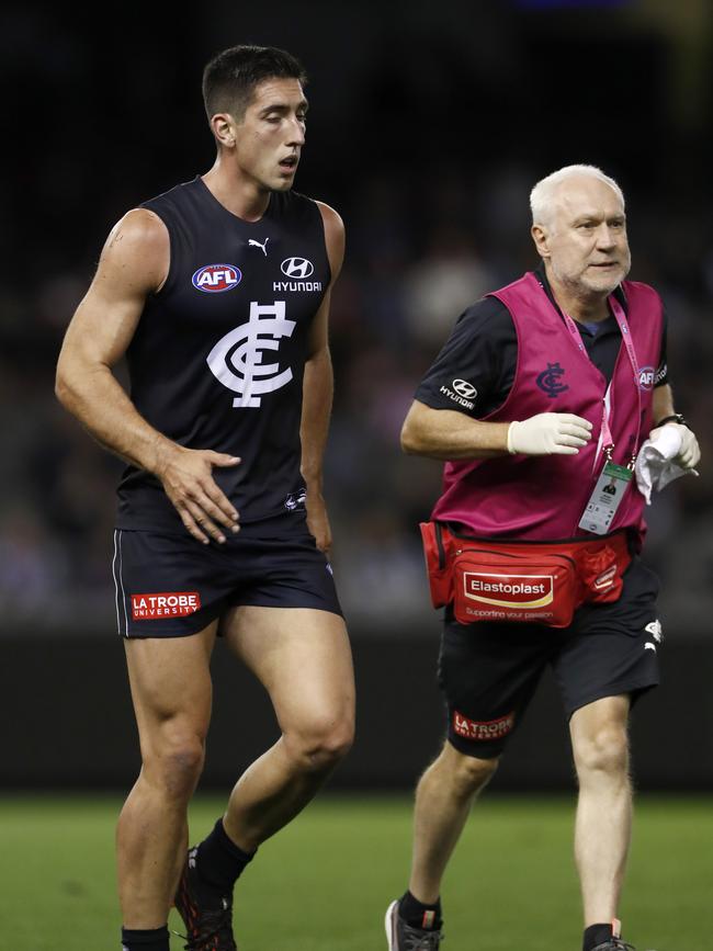 Or best-and-fairest Jacob Weitering who battled a corked hip against the Saints. Picture: Darrian Traynor/Getty Images)