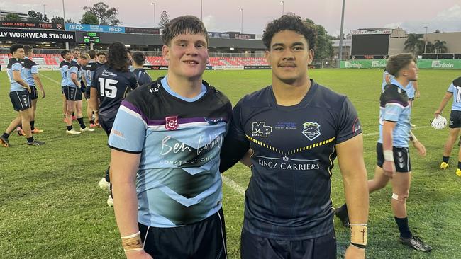 Opposition front rowers Cooper Clarke (Caloundra SHS) and Elijah Keung (Mabel Park). The pair are the Queensland Schoolboys starting front-rowers. Picture: Andrew Dawson