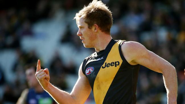 Jack Riewoldt celebrates one of his four goals in the win over Brisbane. Picture: Colleen Petch.