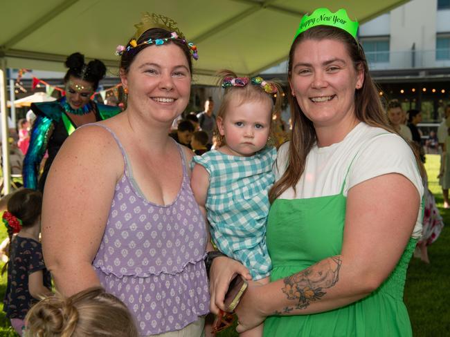 DARWIN, AUSTRALIA Sunday, 31 December, 2023:DARWIN NEW YEARS EVE 2023 Cody Llewellyn, Magnolia Llewellyn and Taye Smyth pose for a photo at Darwin Waterfront. Picture: Pema Tamang Pakhrin