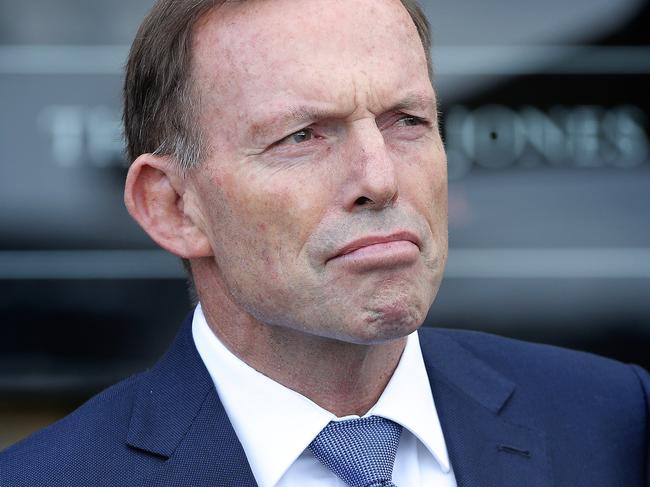 Former Prime Minister Tony Abbott speaks to media outside the Henry Jones Hotel on Hobart's waterfront to discuss the alleged assault on him by a stranger yesterday Picture: LUKE BOWDEN