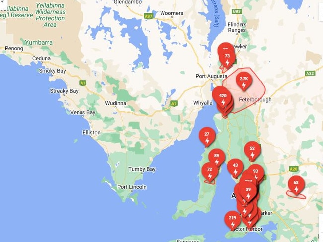 Thousands of homes are blacked out across SA, as this screen capture from SA Power Networks from about 8am on Monday shows.