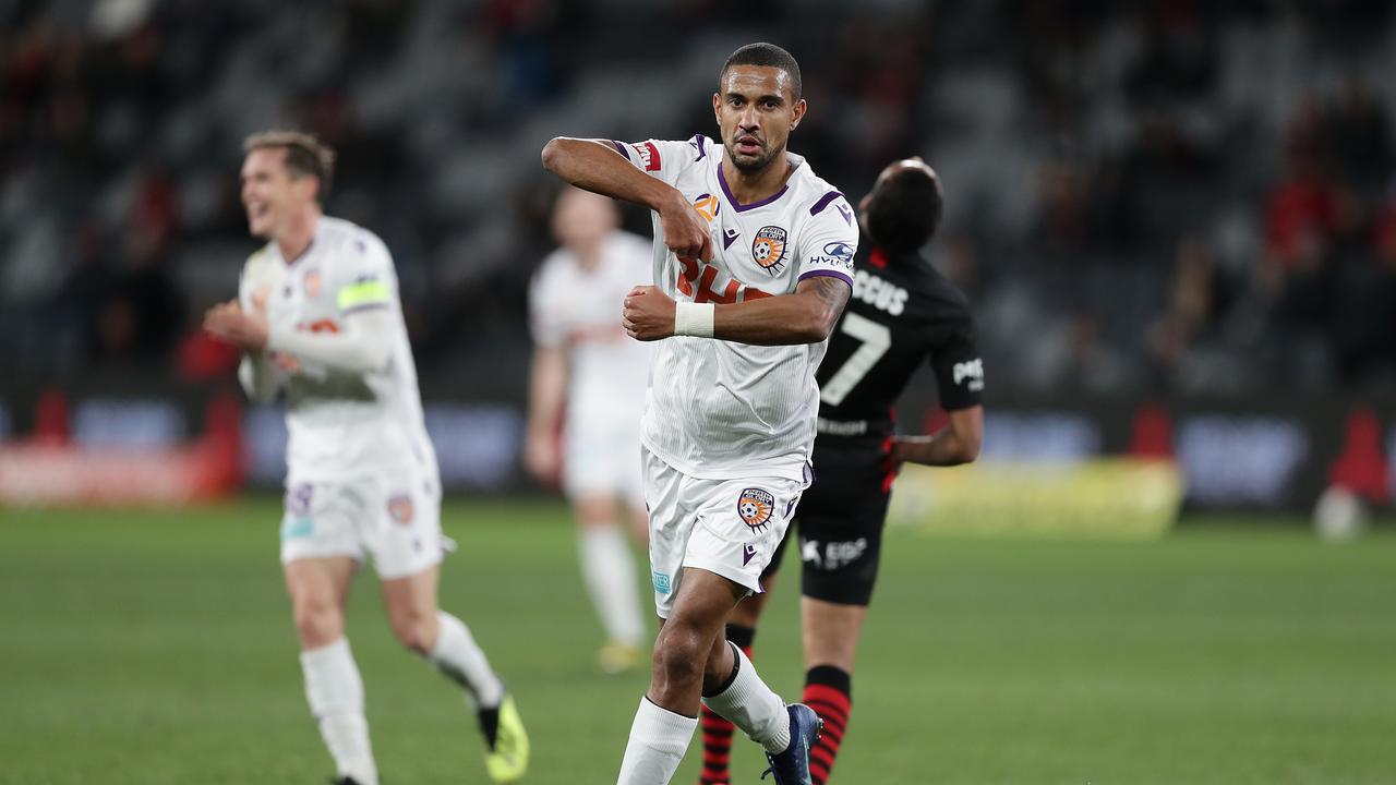 James Meredith of the Glory celebrates his stunning strike as Perth claimed a 3-1 win over the Wanderers.