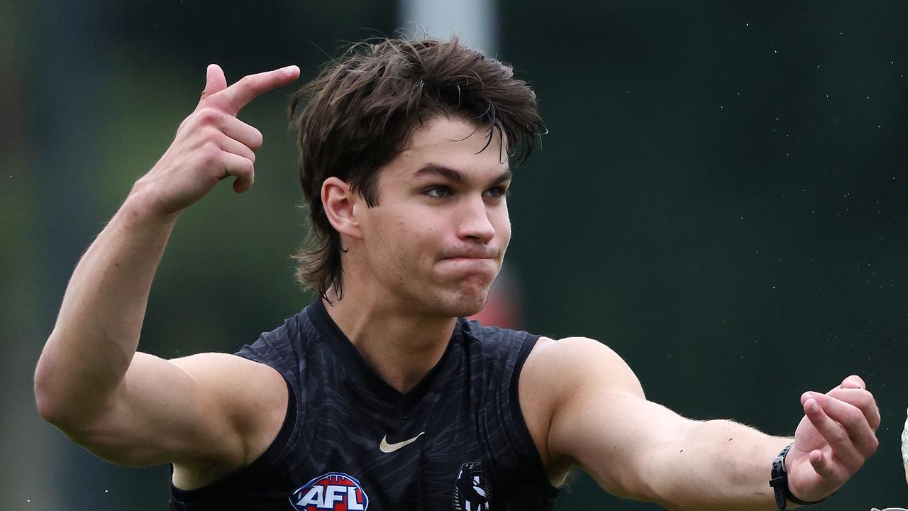 Collingwood draftee Charlie West says grappling with Brayden Maynard in pre-season training has been a major learning curve. Picture: Mark Stewart