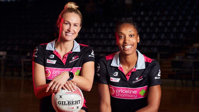 Chelsea Pitman and Layla Guscoth have been named co-captains of Adelaide Thunderbirds. Picture: Matt Loxton