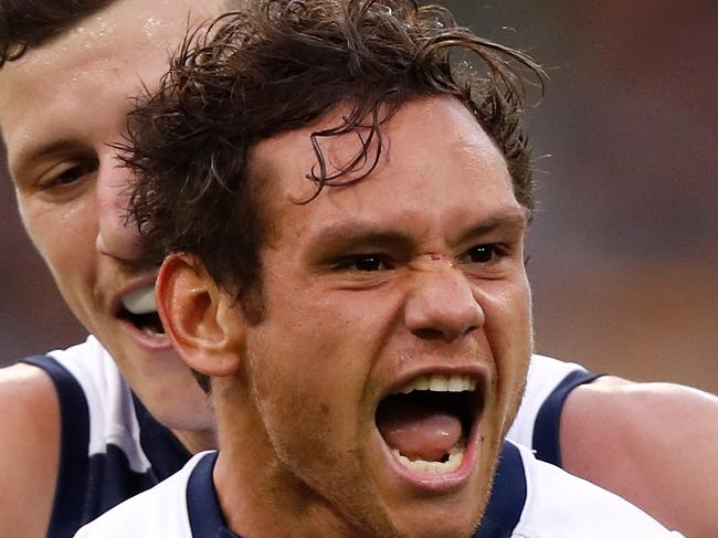 MELBOURNE, AUSTRALIA - APRIL 17: Sam Menegola (left) and Steven Motlop of the Cats celebrate during the 2017 AFL round 04 match between the Hawthorn Hawks and the Geelong Cats at the Melbourne Cricket Ground on April 17, 2017 in Melbourne, Australia. (Photo by Michael Willson/AFL Media/Getty Images)