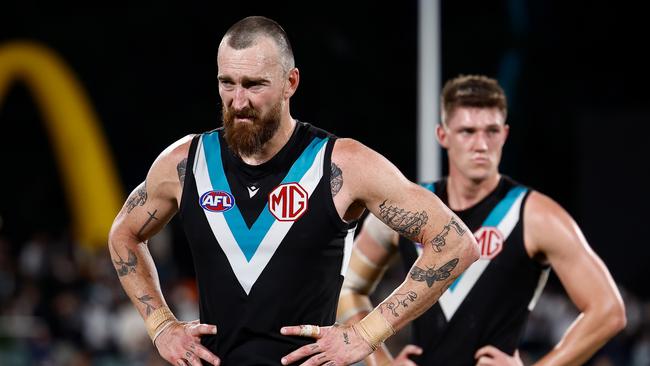 ADELAIDE, AUSTRALIA - SEPTEMBER 05: Charlie Dixon of the Power looks dejected after a loss during the 2024 AFL Second Qualifying Final match between the Port Adelaide Power and the Geelong Cats at Adelaide Oval on September 05, 2024 in Adelaide, Australia. (Photo by Michael Willson/AFL Photos via Getty Images)