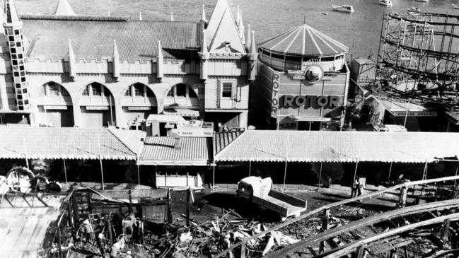 An aerial view of the damage following the fire on the Ghost Train ride at Luna Park in Sydney, NSW, 10/06/1979, which killed seven. Pic Bromley.