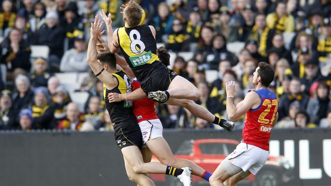 Jack Riewoldt flies for a huge mark in Richmond’s Round 23 win over Brisbane. Picture: Darrian Traynor/Getty Images.