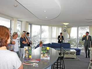 GOING, GOING, GONE: Ray White auctioneer Brett Graham calls the bidding at 21 Syrenuse, Brisbane Rd, Mooloolaba, for Bren Higgins of the Mooloolaba office. Picture: Erle Levey