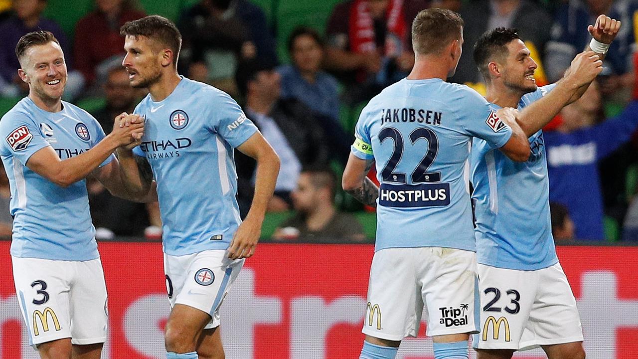 Melbourne City players celebrate Bruno Fornaroli’s (right) goal against Central Coast Mariners.