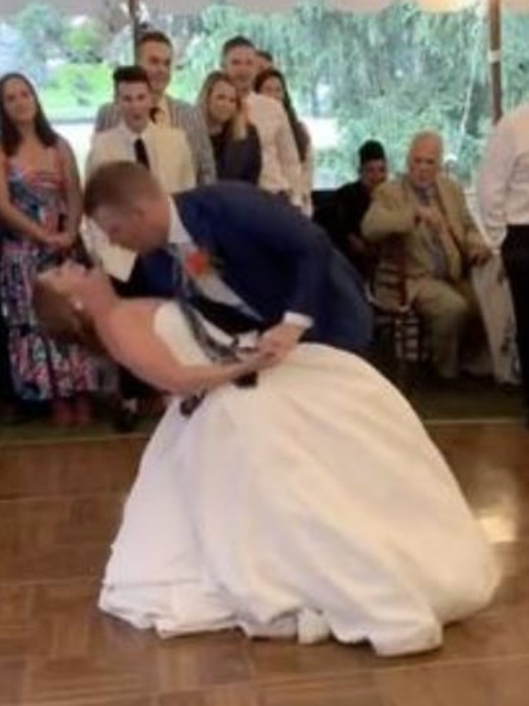 But during their first dance the bride dislocated her knee in a freak accident. Picture: TikTok / @liz_richter