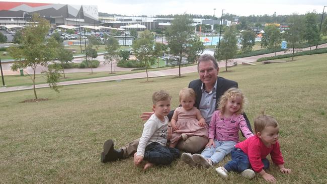 Cr David Morrison with grandchildren Judah, Matilda, Hope and Eden overlooking Orion Lagoon.