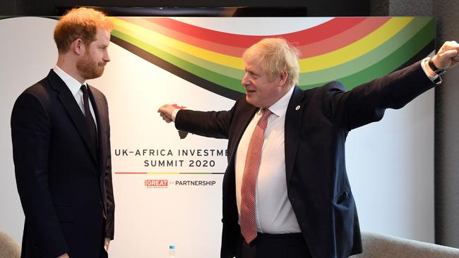 Prince Harry with Boris Johnson during informal talks at the UK-Africa Investment Summit in London. Picture: AFP.