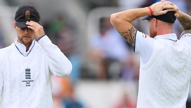 Joe Root and Ben Stokes react in frustration during day three. Picture: Getty Images