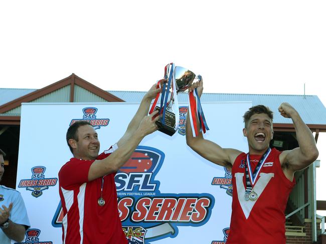 Southern League division 1 grand Final: Dingley and East Brighton at Springvale Reserve East brighton celebrate:L to r:   coach Ben Murphy and captain Ben Douthie celebrate the winPicture:  Janine eastgate