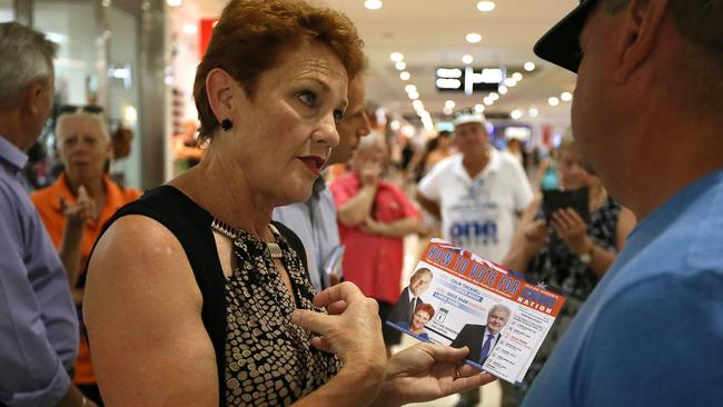 Pauline Hanson campaigns in Mandurah Forum shopping Centre, WA. Picture: Colin Murty