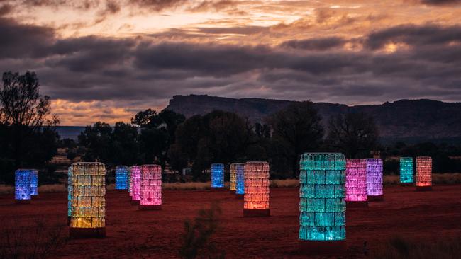 The Bruce Munro Light-Towers at Kings Canyon resort as the sun sets.