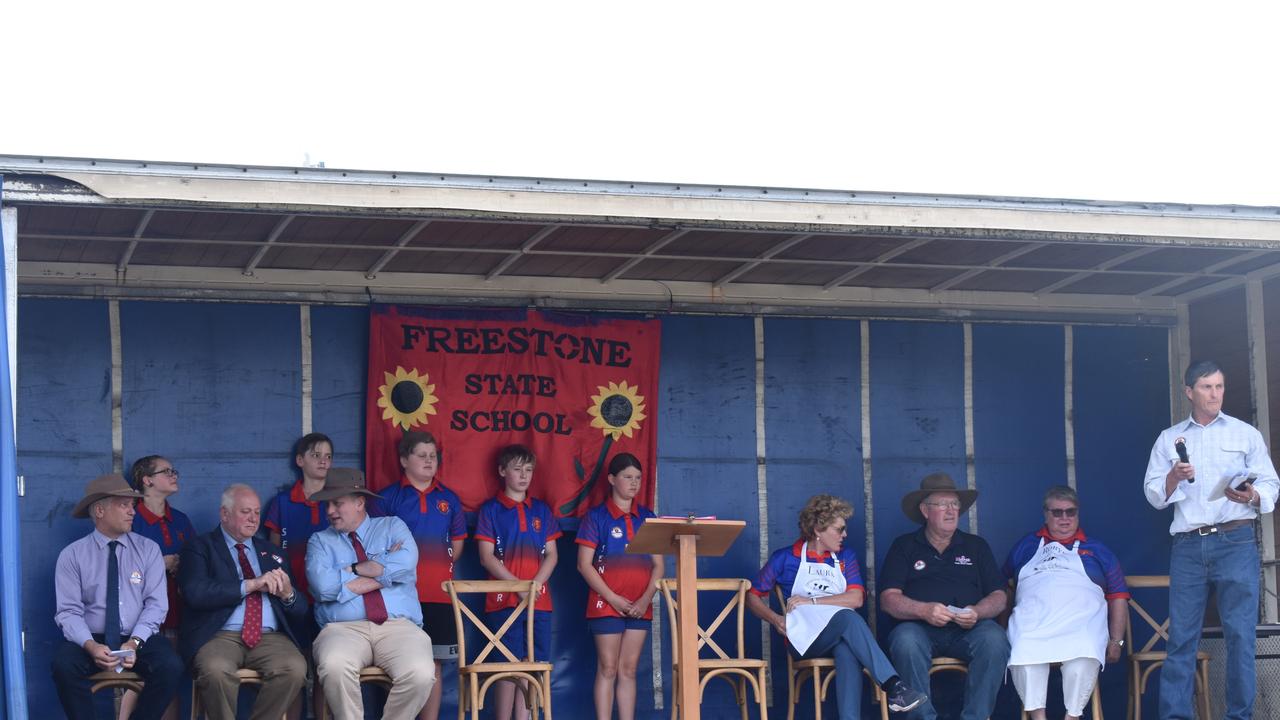 The opening ceremony at the 150th anniversary celebrations for Freestone State School was attended by guests including Southern Downs Mayor Vic Pennisi, Member for Southern Downs James Lister, and school principal Laura Watson.