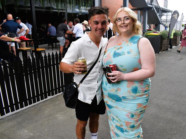 Jamie Hudson and Chloe Lewis enjoying all the action at the Ladbrokes Cranbourne Cup on Saturday, November 23, 2024. Picture: Jack Colantuono