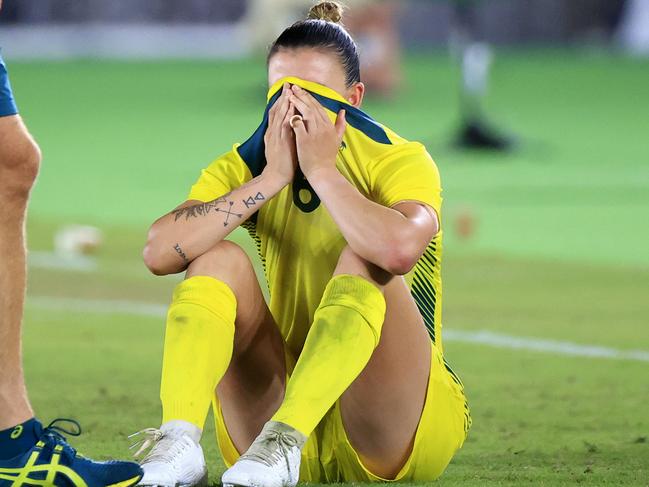Chloe Logarzo react after losing the Semi-Final between Australia and Sweden at the International Stadium Yokohama at the 2020 Tokyo Olympics. Picture: Adam Head