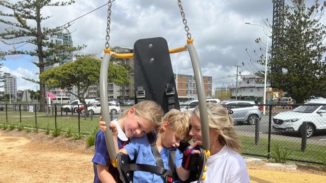 Pearl, Louie and Andrea Haywood enjoying the new play space at Goorimahbah Place of Stories, Tweed Heads.