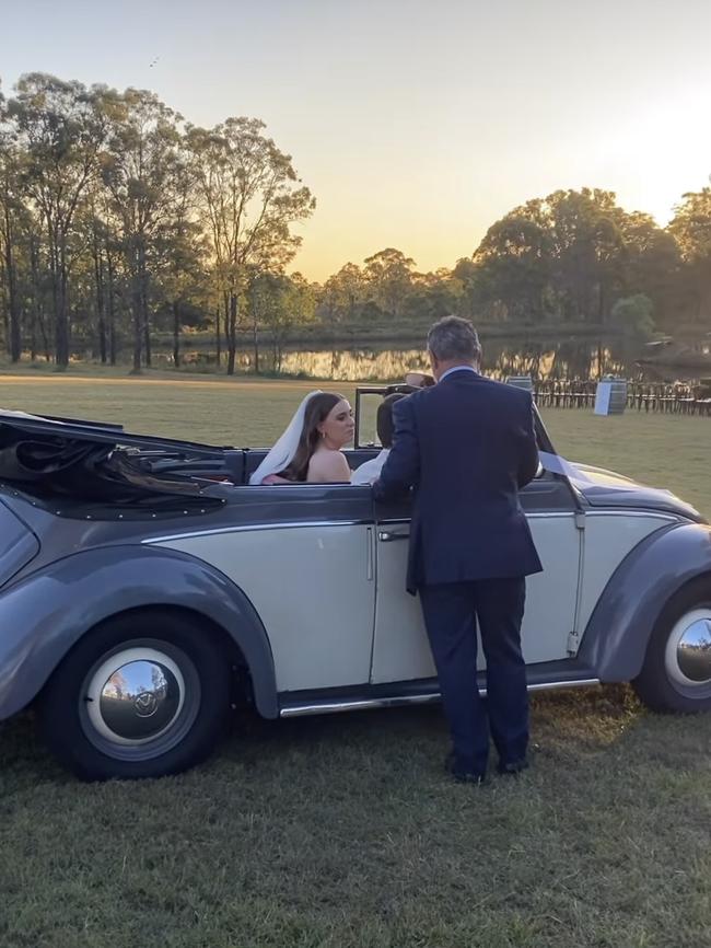 Bride Madeleine Edsell arriving at her wedding.