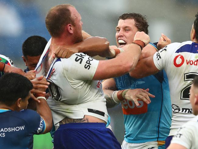 Matt Lodge going toe-to-toe with Gold Coast prop Jarrod Wallace. Picture: Chris Hyde/Getty Images