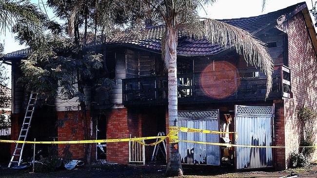 Damage to the front of the property in Panonia Rd, Wyong, after the fatal fire in which four children died. Picture: Waide Maguire