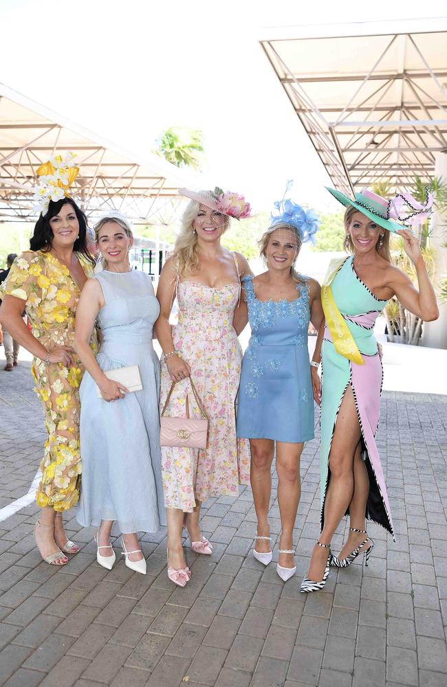 Sharon Klaassen, Belinda McLeod, Melonie Guild, Anita Eaves and Lana Bright out and about at Corbould Park for the Melbourne Cup Race Day in Caloundra. Picture: Patrick Woods.