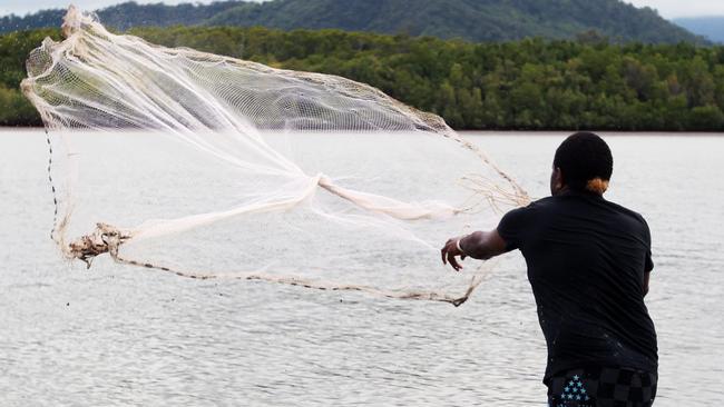 DEEDI states that While holidays and weekends provide a great time to cast a net for some bait and prawns, recreational fishers are reminded to check their nets to ensure they comply with the rules. Billy Akebisu throws a legal Bait Net at the Barron River Mouth . Pic Tom Lee