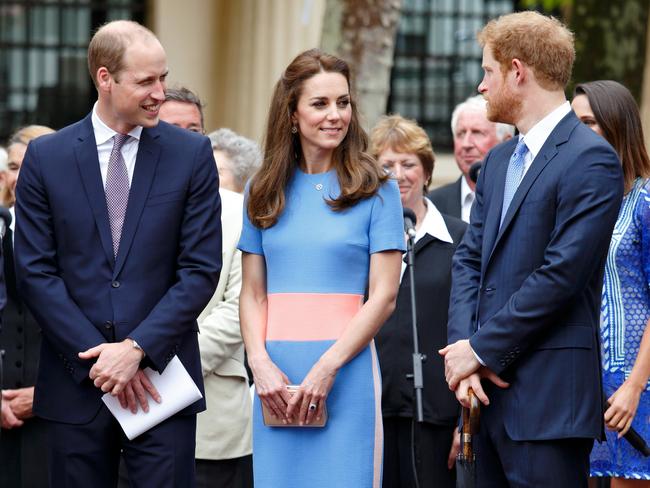 Prince William, Duke of Cambridge, Catherine, Duchess of Cambridge and Prince Harry in happier times in 2016. Picture: Max Mumby/Indigo/Getty Images