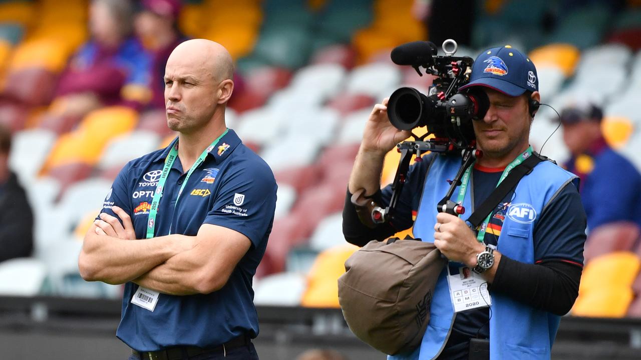 Matthew Nicks (left) has started his Crows coaching career with a 0-10 record. Picture: AAP/Darren England