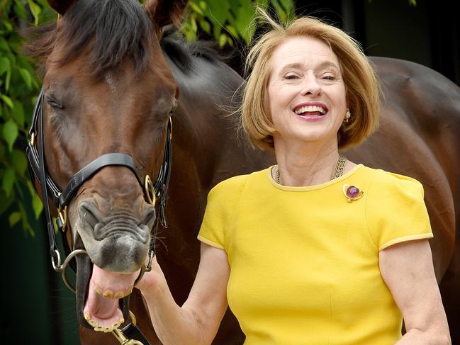 Melbourne Cup hopeful Runaway has a laugh with trainer Gai Waterhouse. Picture: Nicole Garmston