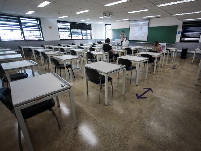 A near-empty classroom in Sao Paulo, Brazil. Picture: Getty Images