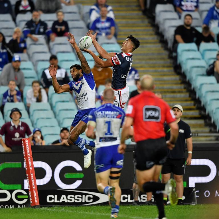 Joseph Suaalii gets some serious airtime for the Sydney Roosters. Credit: NRL Images.