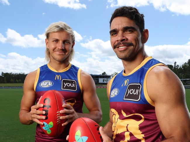 FOR COURIER MAIL 2025 AFL GUIDE.  **EMBARGOED** Brisbane Lions Kai Lohmann and Charlie Cameron, Springfield. Picture: Liam Kidston