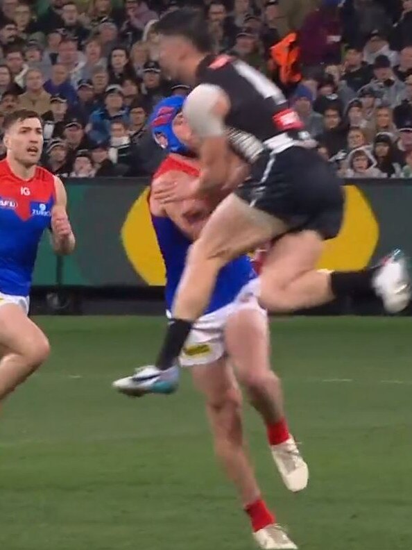 Angus Brayshaw left the field on a stretcher. Picture: Fox Sport