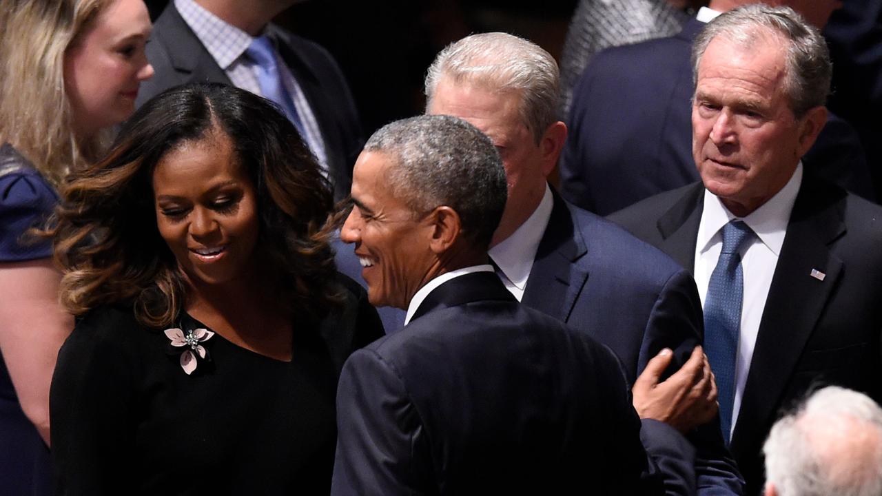 Former First Lady Michelle Obama, former US President Barack Obama, former Vice President Al Gore, and former US President George W. Bush arrive for the Memorial Service for US Senator John McCain. Picture: AFP